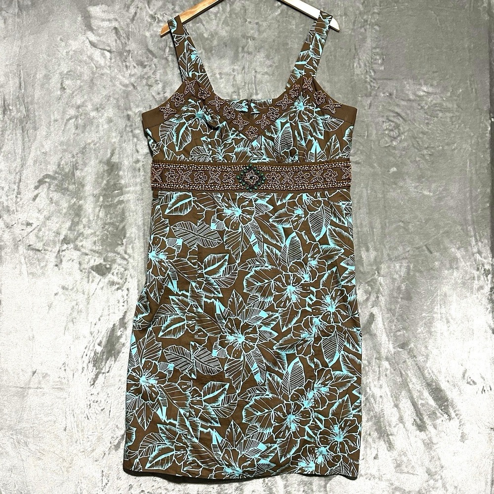 Vintage Veranesi Tropical Dress Beaded Empire Waist US 16W Brown Turquoise Artsy